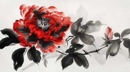 Red and black dramatic peony closeup, drawing