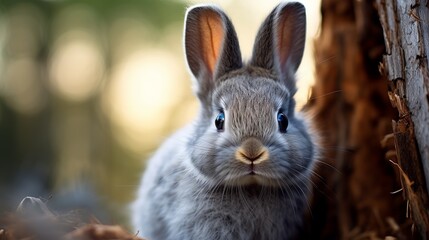 Fototapeta premium Adorable close-up of a fluffy gray rabbit sitting against a blurred natural background. Perfect for nature and wildlife themes.