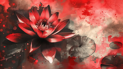 Red waterlily painting style 