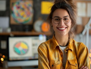 A Graphic Designer female wearing casual attire, standing in front of a computer workstation with design software, smiling