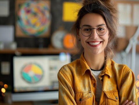 A Graphic Designer female wearing casual attire, standing in front of a computer workstation with design software, smiling