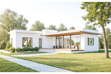 Modern white house with large windows and wooden overhang