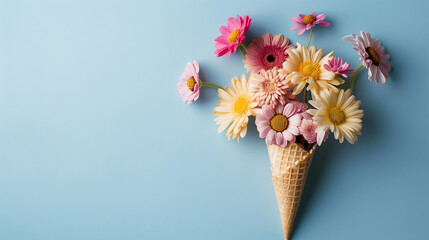 Assorted Pastel Flowers Arranged in Ice Cream Cone on Peach Background copy space