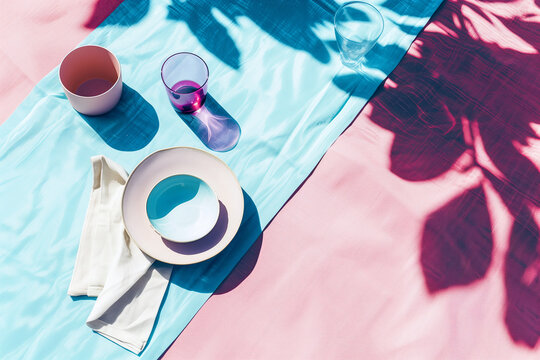 Picnic in the garden, dishes, glasses, olant shades, top view