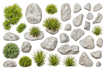 Collection of Grey Stones and Green Plants Isolated on White Background