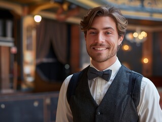 An Actor male wearing a formal attire, standing in front of a theater stage, smiling and looking into the camera