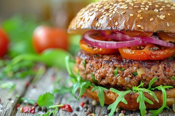 Savory Gourmet Burger with Cultured Meat and Fresh Veggies on Wooden Table