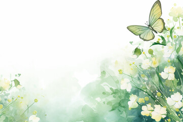 Nature Watercolor Illustration with Butterfly and Flowers with Copy Space
