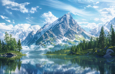 Wide shot of a mountain and lake. Created with Ai