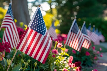 Tranquil outdoor setting with American flags, colorful flowers, and dappled sunlight filtering through trees.