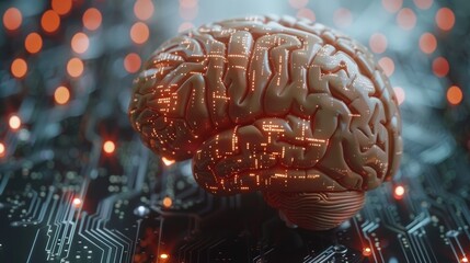 A close-up of a human brain with digital circuit patterns superimposed, representing the concept of artificial intelligence and smart technology.