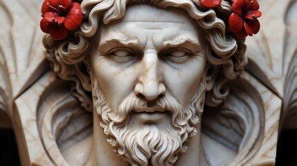 Obraz premium red flowers crown wreath of greek god marble sculpture statue art