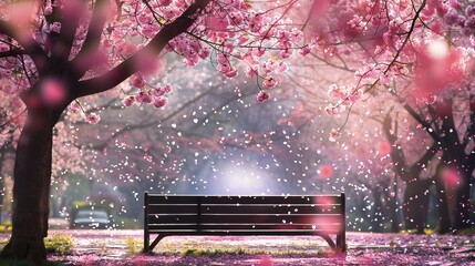 Beautiful park bench under blooming cherry blossom trees with pink petals falling, creating a serene and enchanting springtime scene.