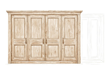 Watercolor Sketch of a Wooden Cabinet with Four Doors