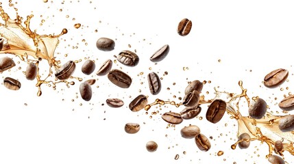Flying Coffee Beans in Motion with Splashing Liquid