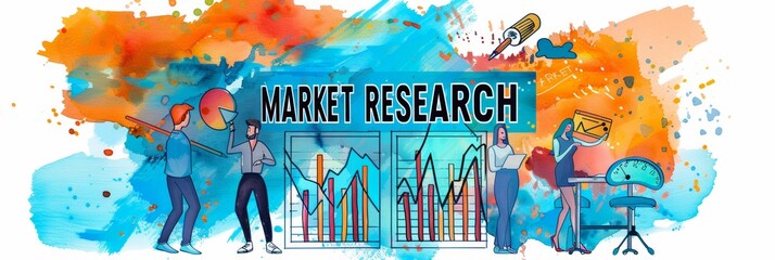 Vibrant Market Research Illustration with Diverse Analysts and Charts