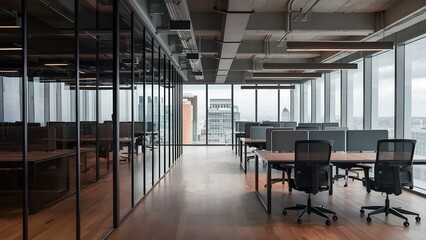 A sleek, modern office space with open workstations, glass walls, and a view of the cityscape through large windows 