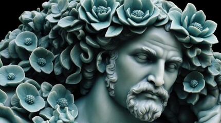teal flowers crown wreath of greek god marble sculpture statue art