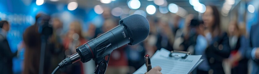 A journalist taking notes at a press conference, selective focus, realtime reporting theme, dynamic, overlay, conference hall backdrop