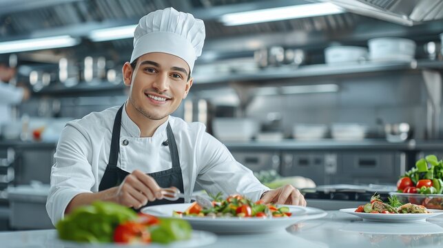 Chef cooking and assembling quick meal orders in a busy commercial kitchen for fast-paced service