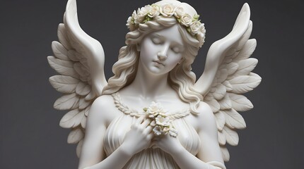 white flowers crown wreath of angel marble sculpture statue art