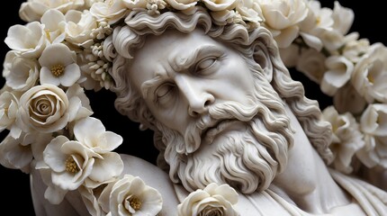 white flowers crown wreath of greek god marble sculpture statue art