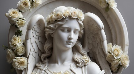 white flowers crown wreath of angel marble sculpture statue art