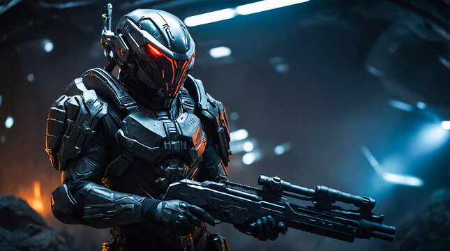 A man clad in a sleek, futuristic exosuit stands powerful, holding a rifle in a high-tech setting