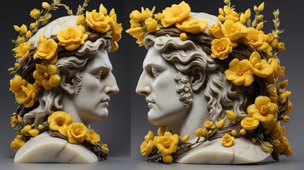 yellow flowers crown wreath of greek god marble sculpture statue art