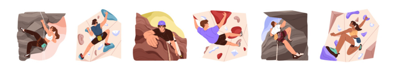 People go bouldering indoor and outdoor set. Young men and woman does extreme sport. Climbers training on rock climbing gym, cliff wall. Flat isolated vector illustrations on white background © Paper Trident