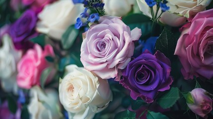 Floral Arrangement with White Purple and Pink Roses on a Background