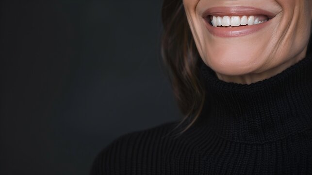 Closeup of an attractive middle aged woman with toothy smile wearing black turtleneck sweater while staning at isolated dark background Copy space Studio shot : Generative AI