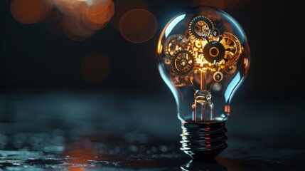 A light bulb with gears and cogs inside, symbolizing the concept of innovation driving mechanical and technological advancement.