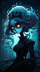 A woman skeleton character made of darkness