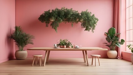 Elegant yet uncomplicated tiny wood table banquet in a bohemian plant room with a wood floor and pink walls. AI generative.
