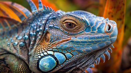 Fototapeta premium Close-up image of a colorful iguana showcasing vibrant scales and textures in a natural environment.