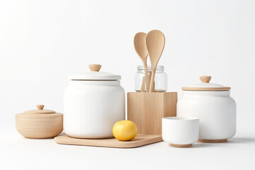 White Ceramic Kitchen Jars with Wooden Lids and Spoons
