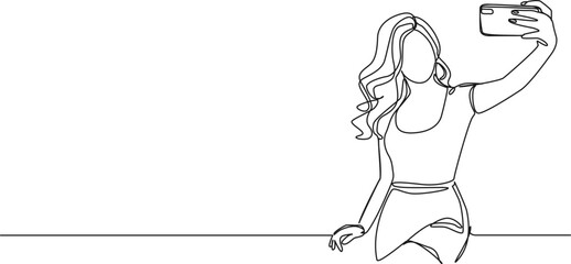 continuous single line drawing of young woman taking a selfie with her smartphone, line art vector illustration