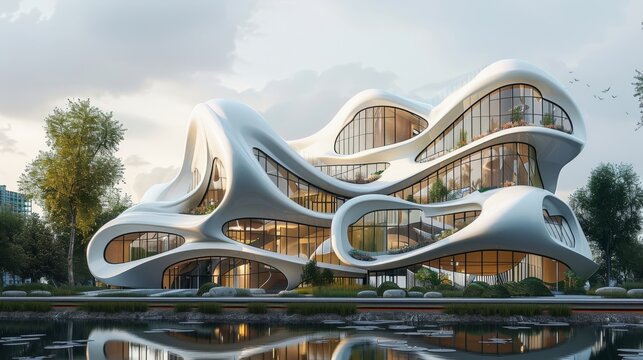 An avant-garde building design with fluid,  organic forms inspired by nature