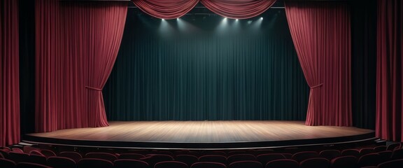 An expansive theater stage framed by elegant red curtains under dramatic stage lighting, awaiting performance.