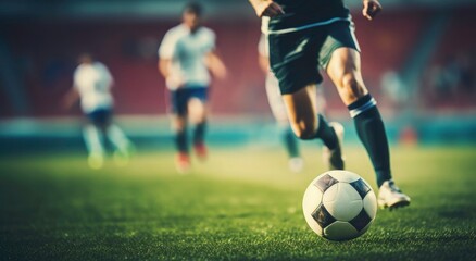 Fototapeta premium Soccer player dribbles a ball on green grass at a stadium with blurry fans in the background. Concept of sport competition, sportsmen and game action during a match. 