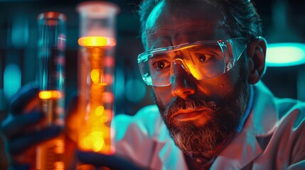 A scientist in a lab coat examining a test tube of glowing liquid, symbolizing groundbreaking research and innovative discoveries in science.