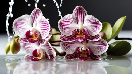 bunch of orchid flowers on plain white background with water splash