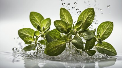 bunch of oregano leaves on plain white background with water splash