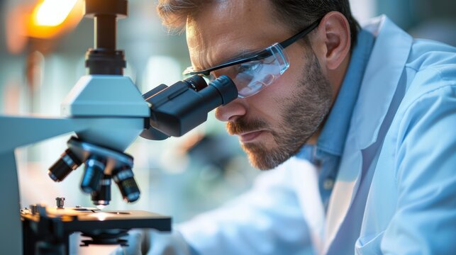 A scientist in a state-of-the-art lab, examining a new medical device under a microscope, representing advancements in healthcare technology.