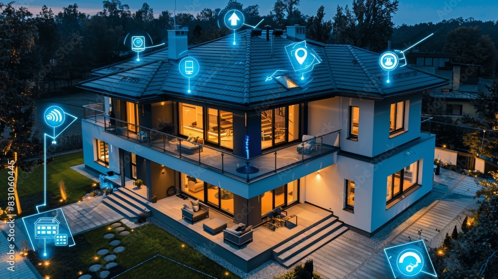 Poster a smart home environment with automated lighting, temperature control, and security systems, showcas