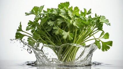 bunch of parsley leaves on plain white background with water splash