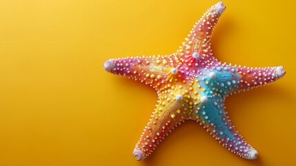 Starfish with vibrant colors, isolated on a yellow background, oceanic summer design