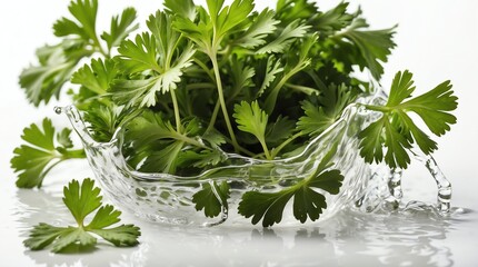 bunch of parsley leaves on plain white background with water splash
