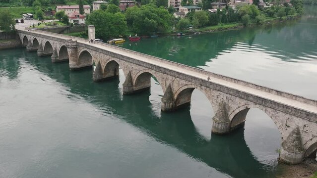 Drone video of Medieval brige on Drina River named Mehmed Pasa Sokolovic bridge , Visegrad, Republike Srpska